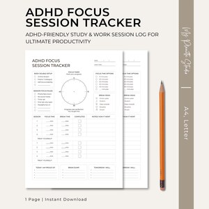 Puede incluir: Una plantilla de papel ADHD Focus Session Tracker blanca con texto negro, que incluye secciones para configuración de body double, temporizador de enfoque, reglas de sesión, opciones de tiempo, ideas de descanso y registros diarios. Un lápiz naranja está colocado verticalmente.