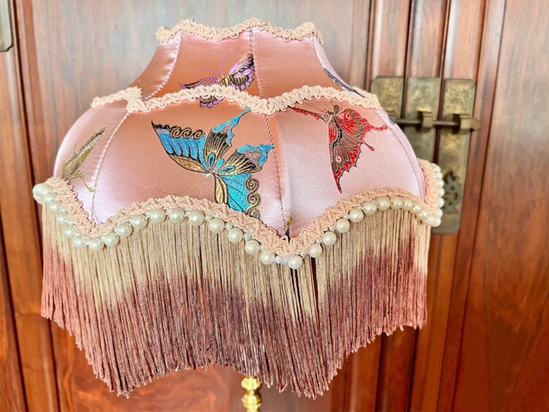Pink Satin Handdyed Fringes Butterfly Pearl Intage Lampshade for