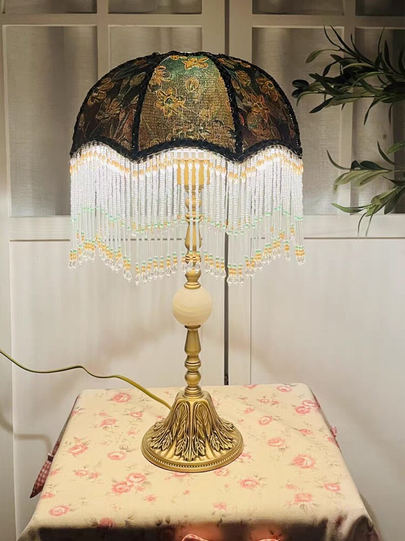 Vintage Flora Fabric Lampshade Beades Fringes Lamp Shade Handmade