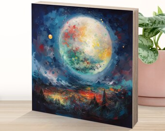 Holzbild “Mond” - 15x15x1,8cm zum Aufhängen und Hinstellen, Foto mit Spruch auf Holz | Wand-Bild | Aufsteller | Dekoration | Geschenk