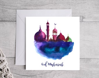 Eid Mubarak Card. Blue, Purple, Mosque, Watercolour, Personalised