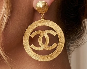 Vintage Chanel Oversized Gold Earrings, Round CC Pendant Earrings