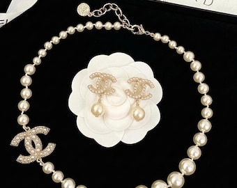 Vintage Chanel Pearl and Gold Pendant Necklace and CC Earrings Set , A Gift for Her