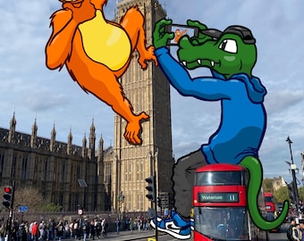 Impresión artística del Big Ben / Ilustración de un orangután sonriente (impresión digital)