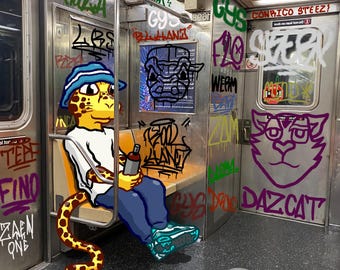 Lámina artística del metro de Nueva York / Ilustración de un jaguar etiquetado (A4)