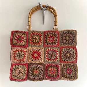 Granny Square Large Shoulder Bag Crochet Paper Yarn Bag Handmade Luxury ...