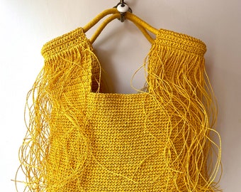 Yellow Handmade Knit Shoulder Bag | Woven Paper Yarn Luxury Bag | Crochet Shoulder Bag