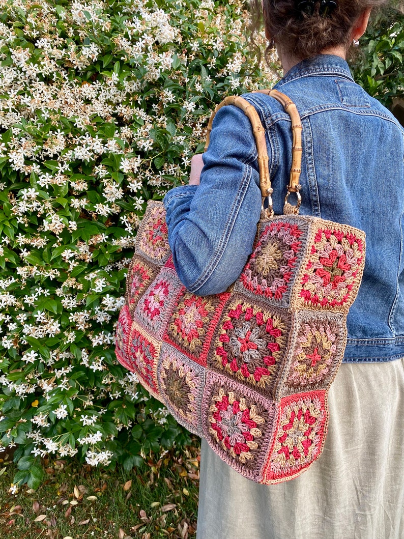 Granny Square Large Shoulder Bag Crochet Paper Yarn Bag Handmade Luxury