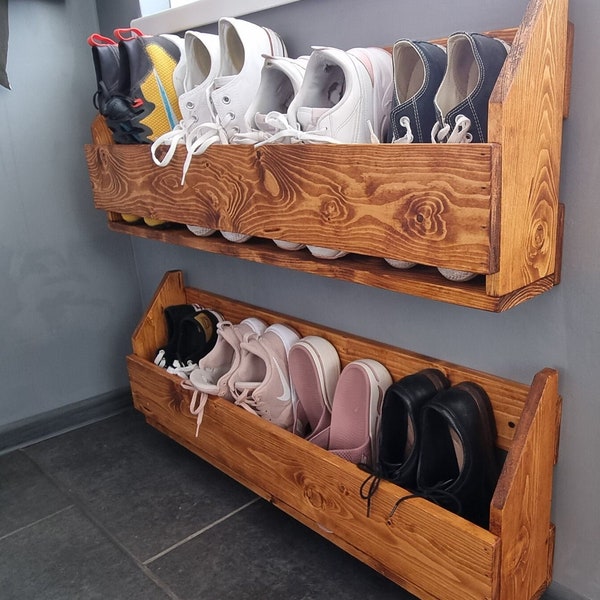 Handmade Rustic Floating Shoe Rack Perfect Storage Solution Wall Mounted 12 Different Finish/Colors