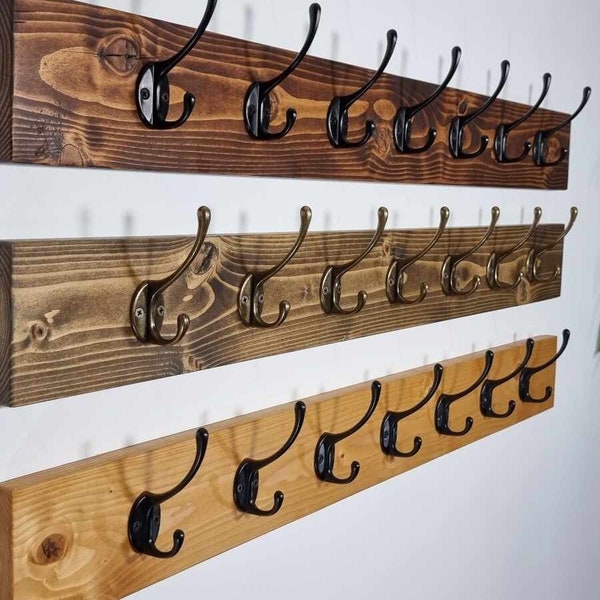 Rustic Coat Rack Wooden Vintage Look Door Or Wall Mounted Black Double Coat Hooks 13 Different Finish/Colors Hanger.