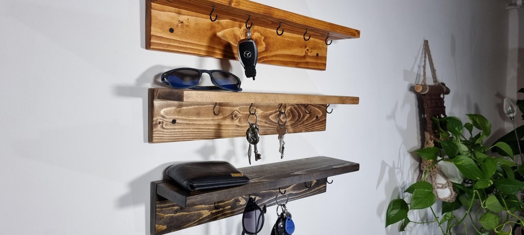 Handmade Rustic Key Rack With Shelf Wall Mounted Black Cup Hooks | Key ...