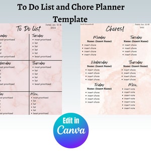 May include: A printable to-do list and chore planner template with a pink marble background. The template is divided into two sections: To Do List and Chores. Each section has a column for each day of the week, Monday through Friday, plus a column for "Misc.". The template includes space to write in a name and list items for each day.