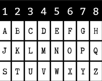 May include: A black and white image of a grid with the numbers 1 through 9 at the top and the letters A through Z in rows below.