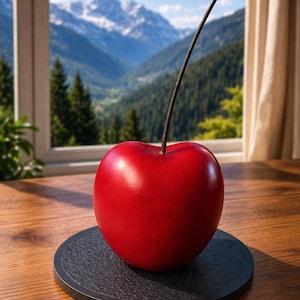 May include: A vibrant red cherry sculpture with a long, dark stem, placed on a small, round, black coaster. The cherry sits on a wooden table, with a scenic mountain view visible through a window in the background.