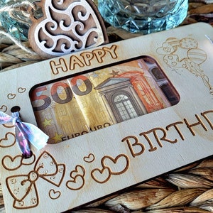 Confezione regalo personalizzata con denaro in legno. Confezione regalo di compleanno in contanti. Busta regalo in denaro. Idea regalo in denaro.