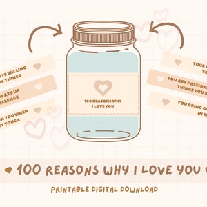 100 redenen waarom ik van je hou afdrukbaar, liefdespot, cadeau voor significante andere, neutrale kleuren, romantisch verrassingsidee, paarcadeaus, download