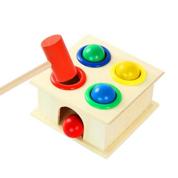 Kids Wooden Hammer and 4 Balls Game Set, Learn Colors, Count Wooden Hammer Balls, Beating and Hammering Toy