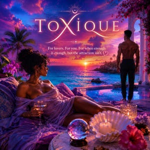 以下が含まれることがあります： 「TOXIQUE」の文字が入ったデジタルアート画像。女性が紫色のクッションに寄りかかり、グラスを持っています。男性が近くに立っており、海に沈む夕日を眺めています。テキストには「恋人たちのために。あなたのために。十分なときは十分ですが、魅力はそうではありません。」と書かれています。