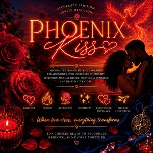 May include: A promotional graphic titled Phoenix Kiss featuring a glowing red phoenix, deep red roses, a lit candle, and a couple in silhouette. Text includes Alchemize Friction, Ignite Devotion, and When love rises, everything transforms.