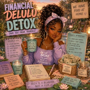 Può includere: Un'illustrazione digitale di una persona con capelli ricci, una fascia e un top color lavanda. La scena include una tazza con la scritta 'Klarna started feeling like KARMA', un cestino di contanti, una candela e quaderni con testi come 'FINANCIAL DELULU DETOX' e 'TODAY'S AFFIRMATIONS'.