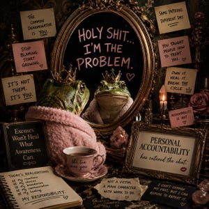 May include: A green frog wearing a gold crown and pink robe sits before an ornate gold mirror reflecting its image. The mirror text reads HOLY SHIT... I'M THE PROBLEM. Surrounded by sticky notes with motivational text, a teacup, and a notebook.
