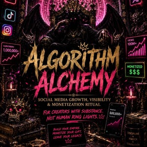 May include: A dark, gothic-themed digital poster titled ALGORITHM ALCHEMY. It features a central figure on a throne, a skull, a laptop displaying 'BUILD YOUR EMPIRE. MONETIZE YOUR GIFT. LEAVE YOUR LEGACY.', and social media icons in neon pink.