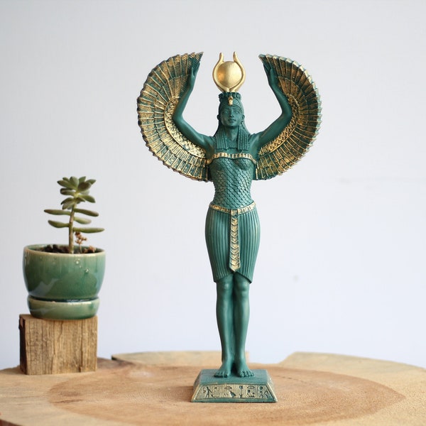 Egyptian Goddess Isis Open Wings Green Statue ,Elegant Decor, Large God Statue Sculptures, Isis Statue, Gift, Home Decor, Altar Statue