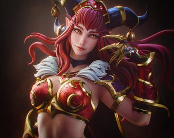 May include: A fantasy figurine of a character with long red hair, yellow eyes, and large dark blue horns. The figure wears red and gold scale-patterned armor with white fur accents on the shoulders and gold clawed gauntlets on the hands.