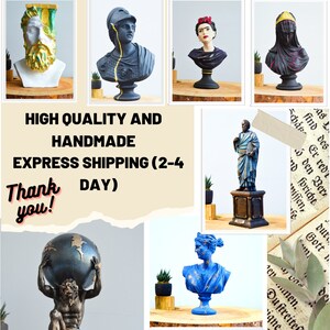 K&ouml;nnte beinhalten: Eine Collage handgefertigter Skulpturen, darunter B&uuml;sten und Statuen, in verschiedenen Farben und Stilen. Der Text "HIGH QUALITY AND HANDMADE" und "Thank you!" sind ebenfalls sichtbar. Der Markenname "CICERO" erscheint zweimal.
