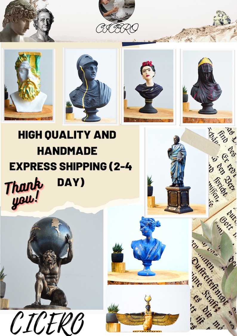 K&ouml;nnte beinhalten: Eine Collage handgefertigter Skulpturen, darunter B&uuml;sten und Statuen, in verschiedenen Farben und Stilen. Der Text "HIGH QUALITY AND HANDMADE" und "Thank you!" sind ebenfalls sichtbar. Der Markenname "CICERO" erscheint zweimal.