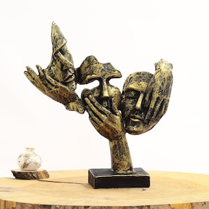 See no evil, Hear no evil, Speak no evil Mask Sculpture, 11.42 Inches, Gold Sculpture Statue, Custom Sculpture, Modern Sculpture, Home Decor