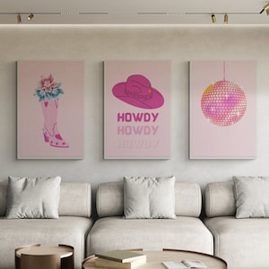 Cowgirl Poster Set Of 3, Retro Style Poster, Howdy Poster, Pink Cowboy Boots, Pink Rodeo Poster Print, Trendy Wall Art, Dorm Room Decor,