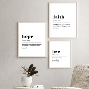 Faith Hope Love Bible Verse Wall Art Set of 3 Prints, Scripture Quote Hebrews 11 isaiah 40, 1 corinthians 13, Living Room Christian Decor