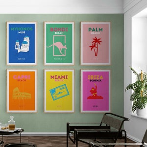 Travel Print Set of 6, Gallery Wall Set, Printable Wall Art, Colorful Travel Poster, Wall Art, Capri, Mykonos, Ibiza, Maimi, Bondi Print