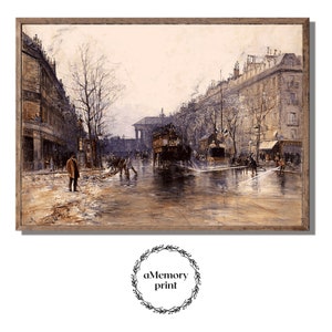 Vintage Winter Paris Street Scene - French Cityscape Wall art Decor Antique, Digital Download, PRINTABLE