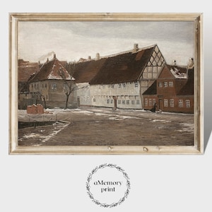 Warm Toned Village Painting - Vintage Brown Moody Print - PRINTABLE Digital Downloadable