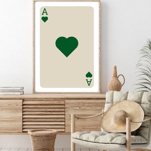 Trendy Retro Wall, Green Ace of Hearts Card Poster, Trendy Wall Art, Funny Art, Digital Download