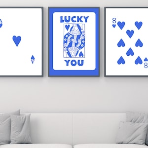 Modny zestaw 3 sztuk sztuki ściennej w stylu retro, modny wydruk estetyczny w stylu retro, plakat Royal Blue Ace Card, plakat Lucky You, modna sztuka ścienna, cyfrowa