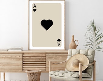 Trendy Retro Wall, Black Ace of Hearts Card Poster, Trendy Wall Art, Funny Art, Digital Download