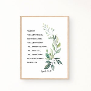 Versículo bíblico Isaías 41:10, imprimir arte de pared de escritura botánica para el hogar cristiano, regalo de bautismo, no temas porque estoy contigo, descarga digital
