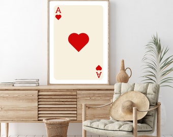 Trendige Retro Wand, Rote Ace of Hearts Karte Poster, trendige Wandkunst, Lustige Kunst, Digitaler Download