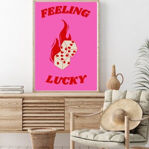 Feeling Lucky Dice Wall Print, Trendy Wall Decor, Large Printable Art, Red and Pink, Digital Download