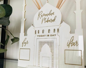 Ramadan countdown calendar •White  acrylic glass with magnets• Ramadan planner decoration kids room• Ramadan calendar as a mosque