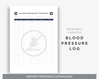 May include: A printable, undated blood pressure log on white paper. The top of the page has the text "BLOOD PRESSURE TRACKER" and fields for name and month. The log includes columns for date, time, systolic, diastolic, heart rate, and notes. The bottom of the page has the text "INSTANT PRINTABLE DOWNLOAD".