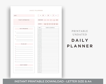 May include: A printable undated daily planner with a minimalist design. The planner includes sections for the date, affirmations, top priorities, to-do list, and a schedule. The text "DAILY PLANNER" is displayed prominently. The planner is available in letter size and A4.