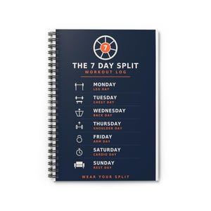 May include: A dark blue spiral-bound notebook titled THE 7 DAY SPLIT WORKOUT LOG. The cover features a white circular icon with the number 7, followed by a list of days from Monday to Sunday with corresponding exercise icons and text labels.
