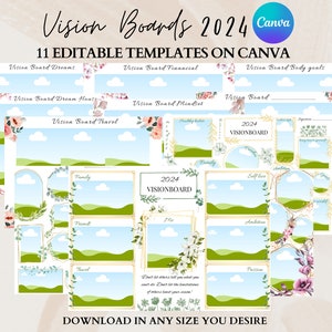 2024 Vision Board Canva Bundle, Editable Vision Boards, 2024 Dream Board Templates, Manifest Board, Dream Board Kit, Digital Vision Boards