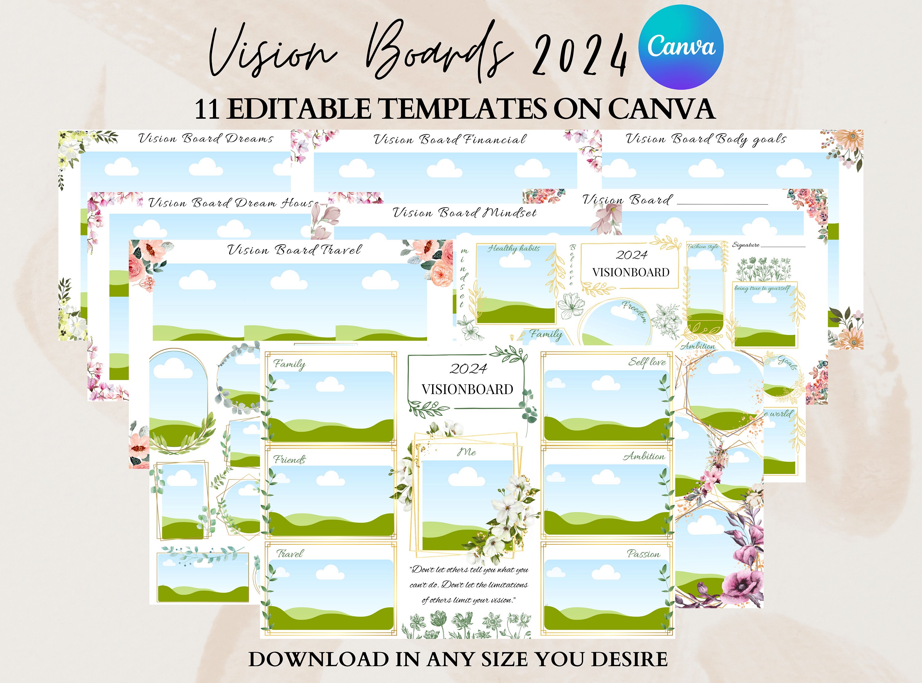 Editable 2024 Vision Board Planner Canva Gráfico por Shumaya · Creative  Fabrica