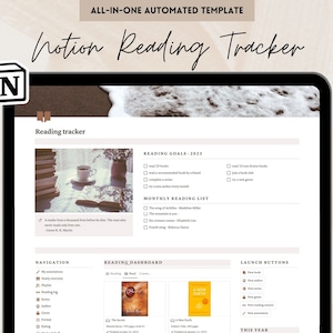May include: A screenshot of a Notion reading tracker template. The template includes a reading dashboard, navigation menu, and a section for setting reading goals. The image includes book covers for "The Raven Boys" by Maggie Stiefvater and "A New Earth" by Eckhart Tolle.
