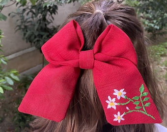 Elegante patrón floral arcos de pelo bordados a mano, arco de pelo de clip bordado, arcos de pelo de los niños, clips de pelo florales bordados, accesorio del pelo de los niños